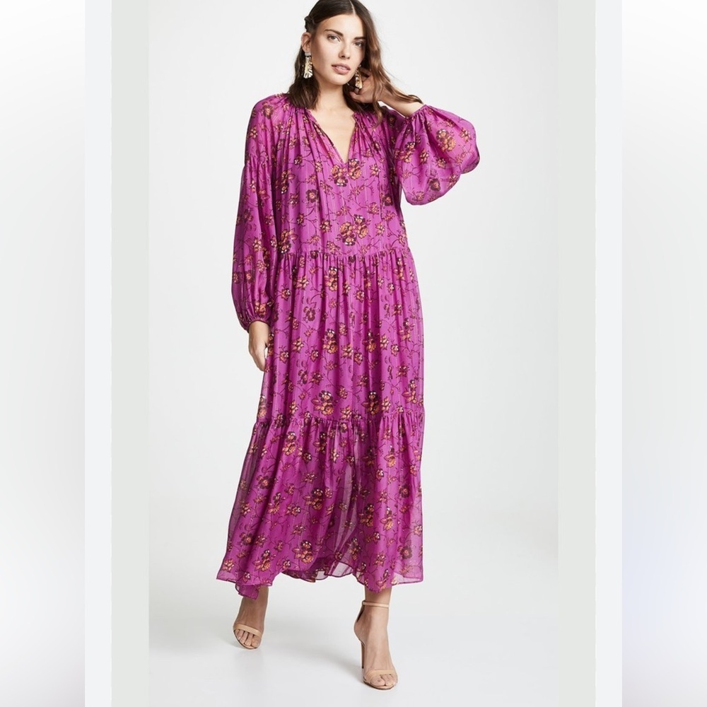 Ulla Johnson Abelia Kaftan Maxi‎ Dress Size 2 Pink Long Sleeve Floral Tier Flowy